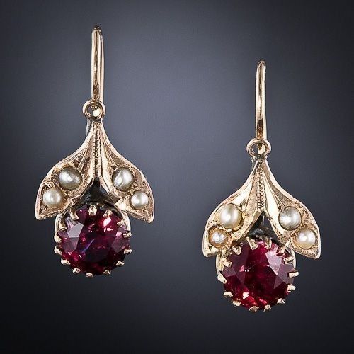 Vintage Red Crystal Pearl Gold Earrings