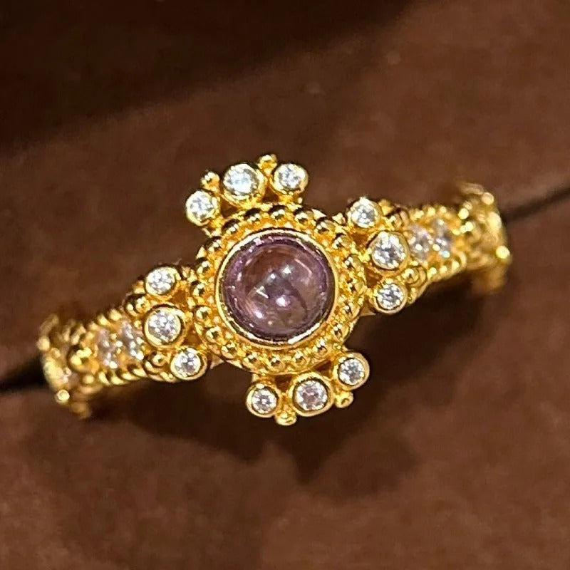 Antique-Inspired Gold & Purple Stone Floral Adjustable Ring-Lydieannejewelry