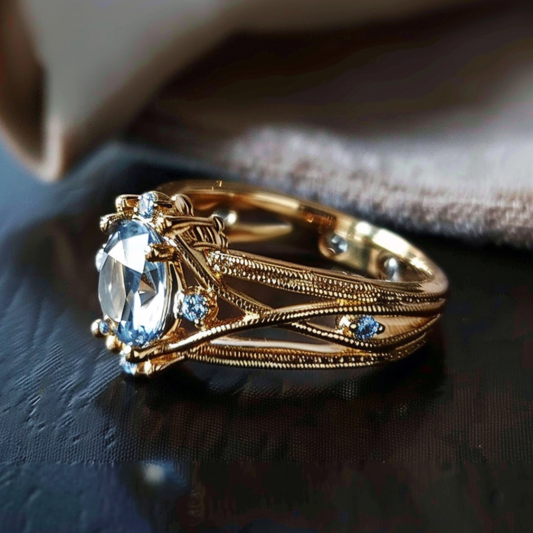 Inlaid Blue Glass Layered Gold Ring-Lydieannejewelry