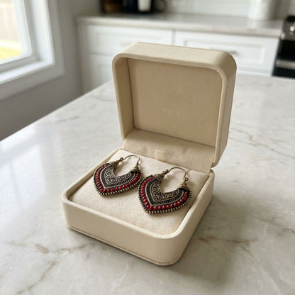 Vintage Gold & Red Tribal Hoop Earrings