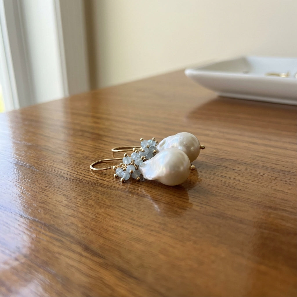 Vintage Aquamarine & Baroque Pearl Earrings