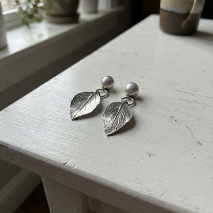 Vintage Inlaid Silver Pearl Leaf Earrings