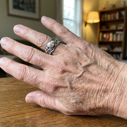 Vintage White Stone SIlver Wavy Ring