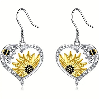 Vintage Boho Sunflower & Bee Heart Dangle Earrings