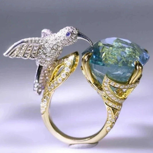 Adjustable Aquamarine-Color Hummingbird Ring – 14K Gold Plated