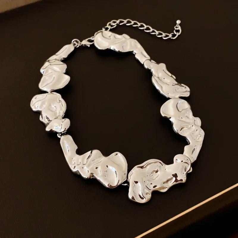 Retro Silver Glossy Abstract Statement Necklace-Lydieannejewelry