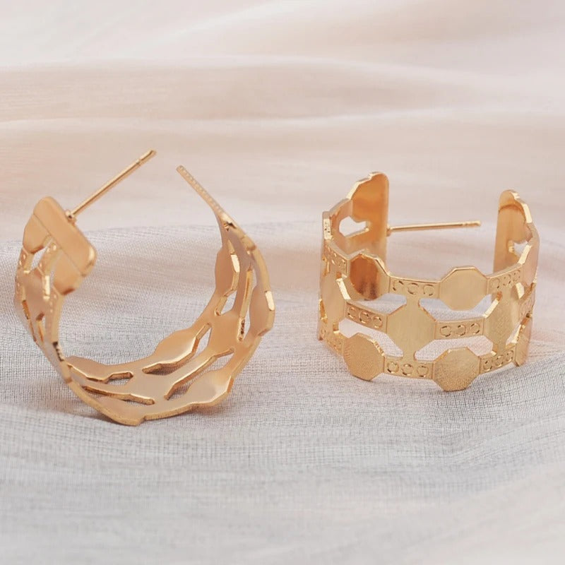 Gold Wide C-Shaped Dangle Earrings-Lydieannejewelry
