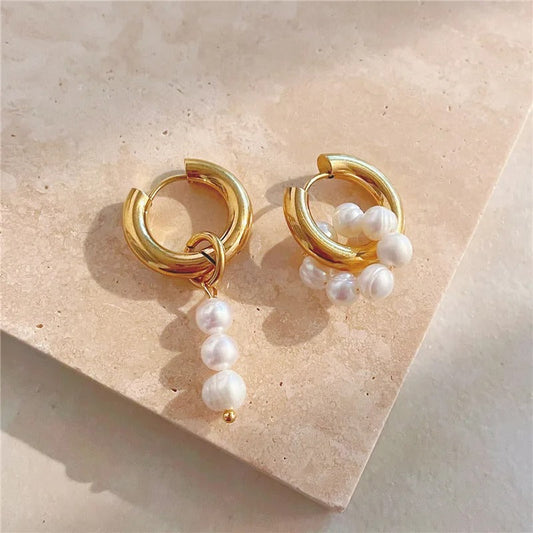Gold Asymmetric Natural Freshwater Pearl Hanging Earrings-Lydieannejewelry