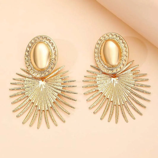 Gold Oval & Flared Sunburst Design Earrings-Lydieannejewelry