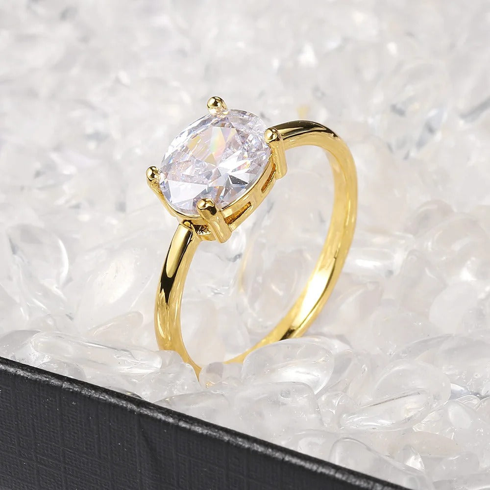 Gold Sparkling Oval Clear Stone & Simple Design Ring-Lydieannejewelry