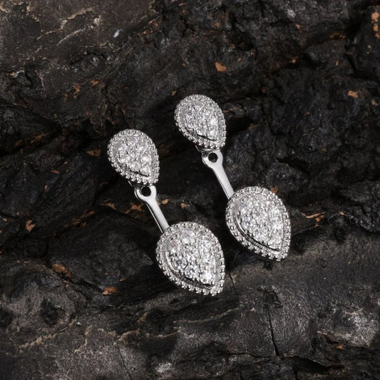 Silver Double Teardrop Crystal Earrings-Lydieannejewelry