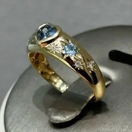 Vintage Gold Sea Blue Gemstone Heart-Shaped Star Adjustable Ring-Lydieannejewelry
